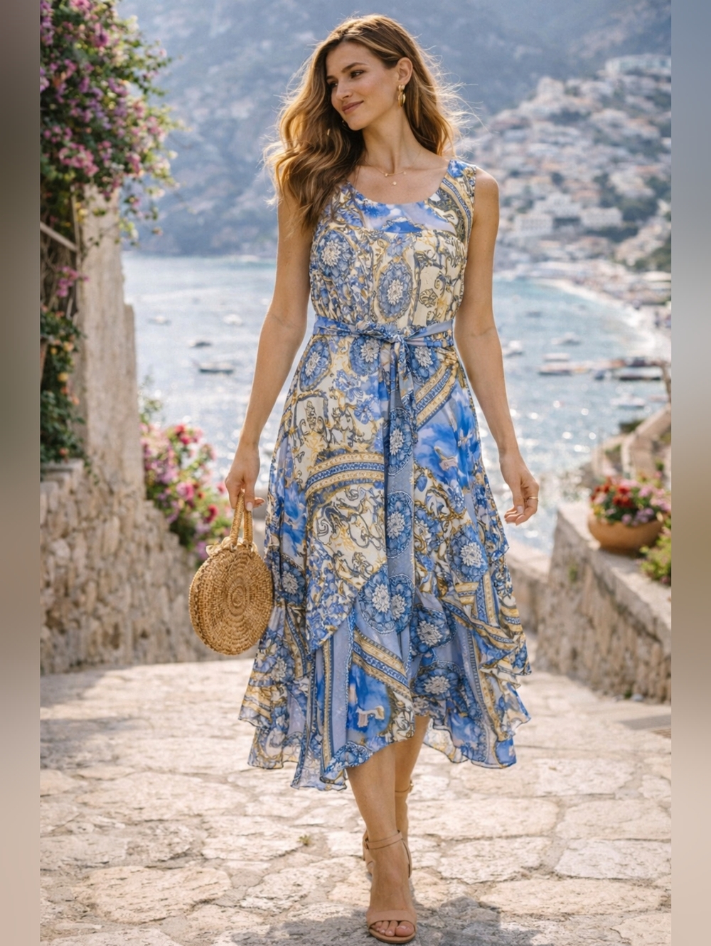Robbie Bee Sleeveless Blue & Cream Paisley Hankercheif Midi Dress with Tie Waist - Picture 3 of 9